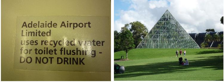 Adelaide – nápis na letišti na WC, Sydney a závlaha v parku odpadními vodami