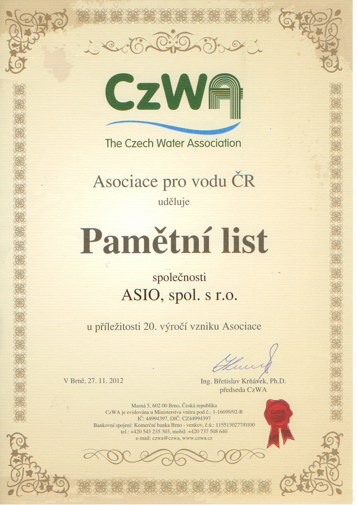 Pamětní list CzWA - ASIO