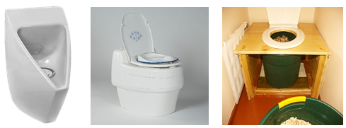 Příklady bezvodých zařizovacích předmětů - pisoár a kompostovací toalety 